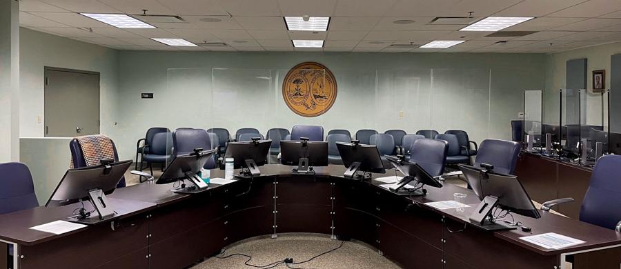 Parole board hearing room.